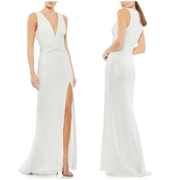 Mac Duggal NWT V-Neck Sequin Wrap Waist Gown White Side Slit Size 2 Sleeveless - Picture 1 of 8